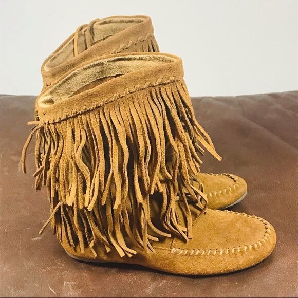 Minnetonka Tan Leather Fringed Moccasin Booties - Picture 3 of 8